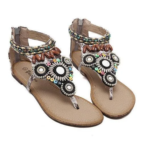 Beaded Bohemia Rhinestone Clip Toe Zipper Flat Sandals