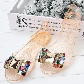 Butterflykont Beaded Crystal Transparent Peep Toe Slip On Flat Beach Sandals