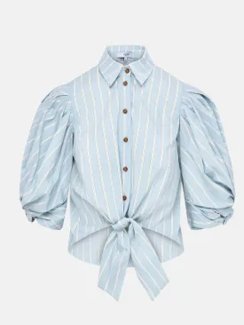 Ellery Knot Sleeve Tie Front Shirt Green & White Stripe