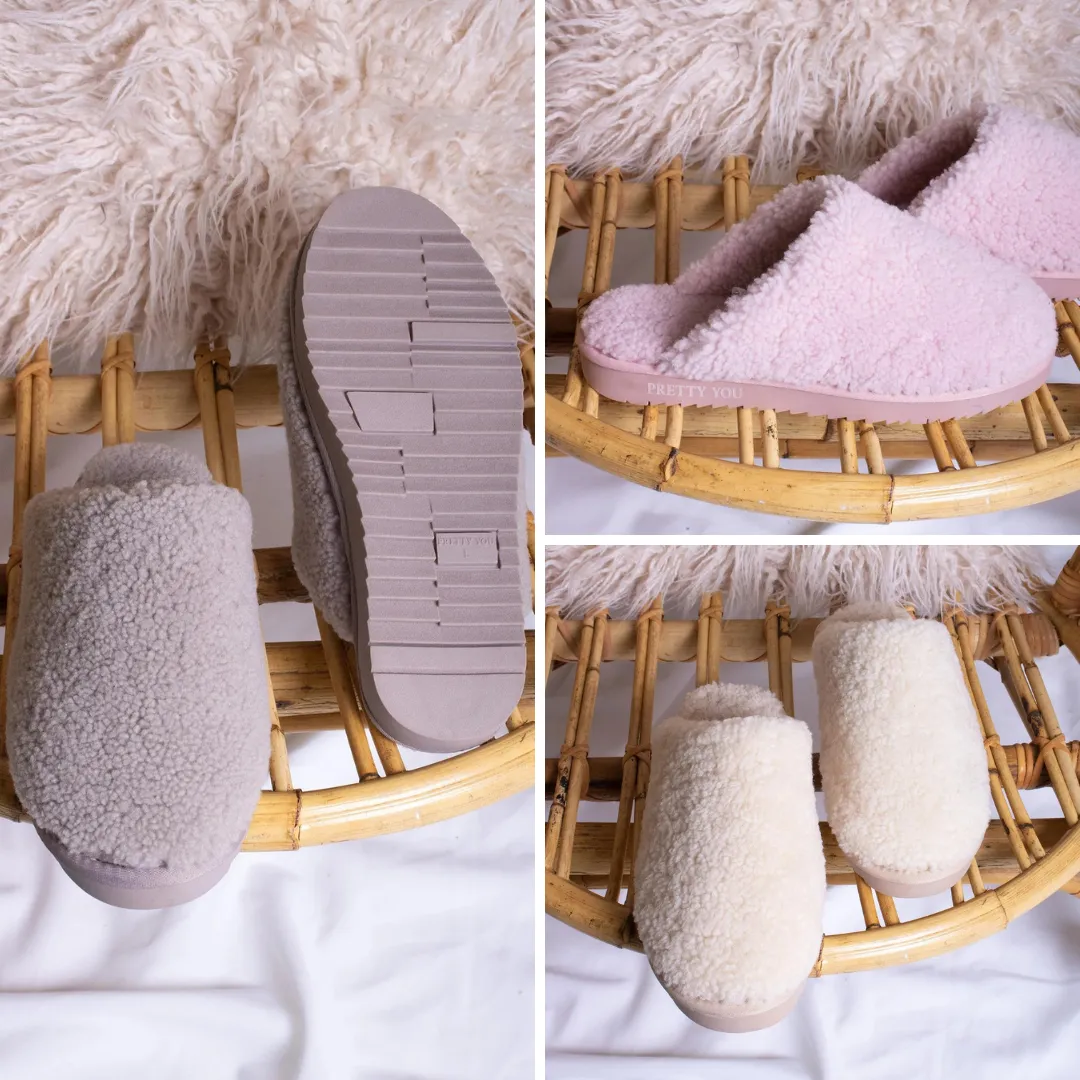 Pretty You London JUDE Natural sheepskin Slider Slippers in Natural