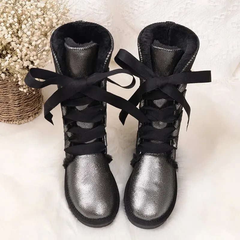 Warm Leather Snow Boots with Genuine Cow Leather Shaft and Rubber Outsole - GRWG